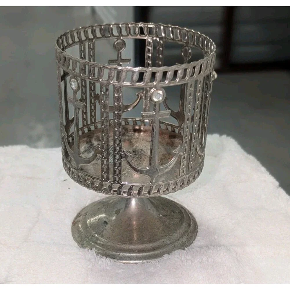 Bath & Body Works Silver 3-Wick Candle Holder Nautical Anchor Pedestal Coastal - Picture 3 of 5